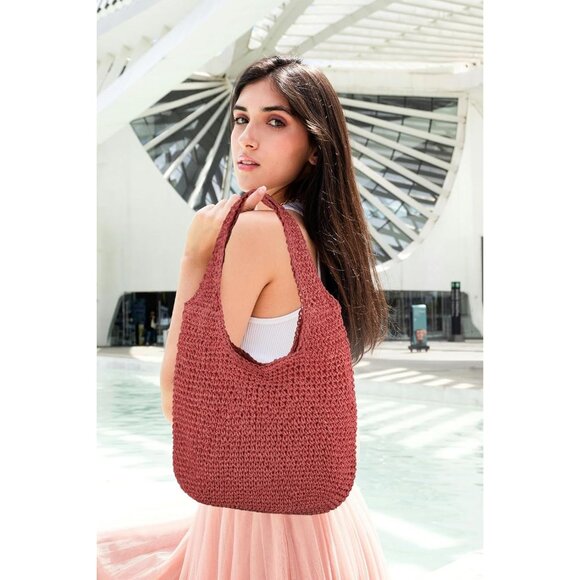 Women's Red Large Straw Beach Bag Handmade Woven Shoulder Hobo Tote Handbag - Picture 5 of 5